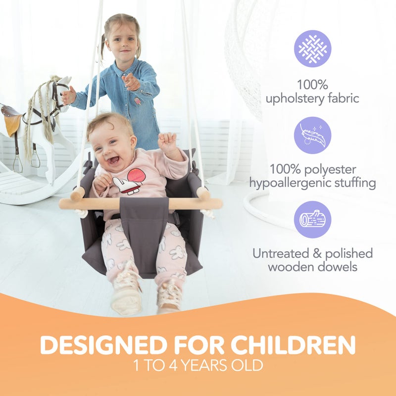 CaTeam - Canvas Baby Swing, Wooden Hanging Swing Seat Chair with Safety Belt, Durable Baby Swing Chair, Outdoor and Indoor Swing for Kids, Mounting Hardware Included, Dark Gray - Image 2